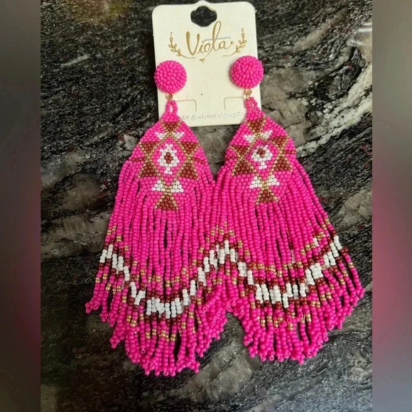 NEW Boho Beaded Earrings Hot Pink, Brown and White Beads Crafted in India - Picture 1 of 6